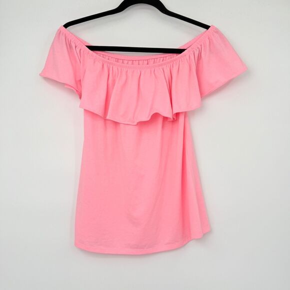 Lilly Pulitzer Women's S La Fortuna Off-Shoulder Ruffle Top Flamingo Hot Pink - Picture 2 of 7